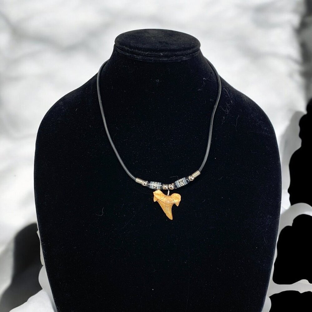 Shark Tooth Pendant Necklace W/ Black Cord & Boho Tribal Beads 20"L Unisex